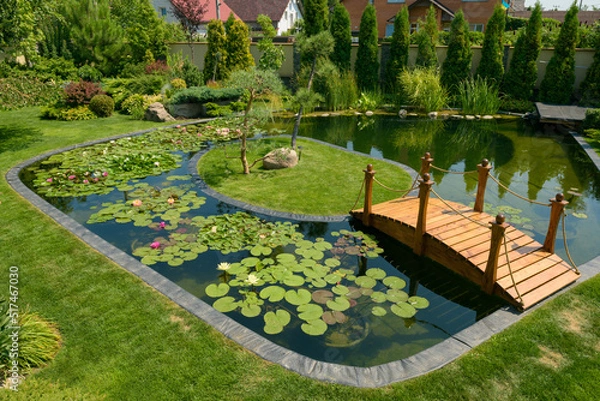 Obraz a pond with a wooden bridge and water lilies, pond in the garden