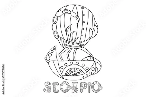 Fototapeta Steampunk-style airship in the form of a scorpio. Illustration with lettering of the zodiac sign scorpio  in steampunk style, drawn in a linear doodle style. For a calendar or coloring book.