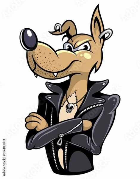 Fototapeta Cartoon style dog character in the leather jacket. Isolated on white background.