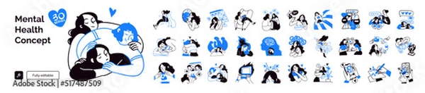 Fototapeta Mental health and psychology concept set. Different mental health problems, psychological disorders, treatment techniques and approaches.