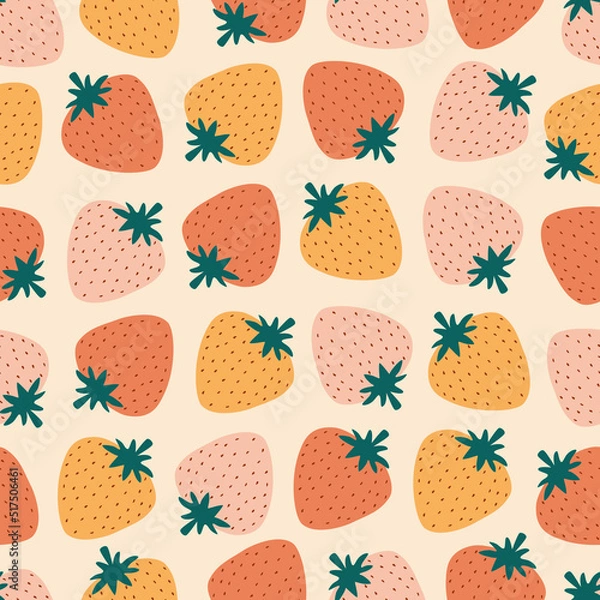Obraz Cute colorful strawberry hand drawn vector illustration. Adorable berry fruit seamless pattern for kids fabric or wallpaper.
