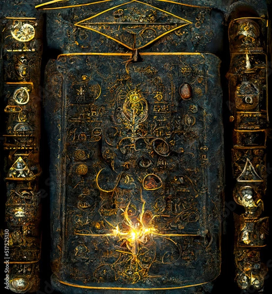 Fototapeta Ancient Book with Glowing Magic Spells and Runes. Occult, Esoteric, Divination and Wicca Concept. Halloween Vintage Background