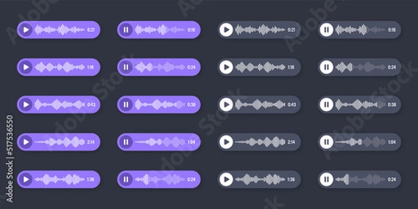 Obraz Voice, audio message, speech bubble. SMS text frame. Social media chat or messaging app conversation. Voice assistant, recorder. Sound wave pattern. Dark mode. Vector illustration