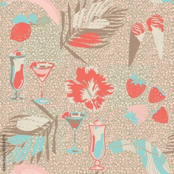 Fototapeta tropical pattern with  cocktail, palm leaves and hibiscus