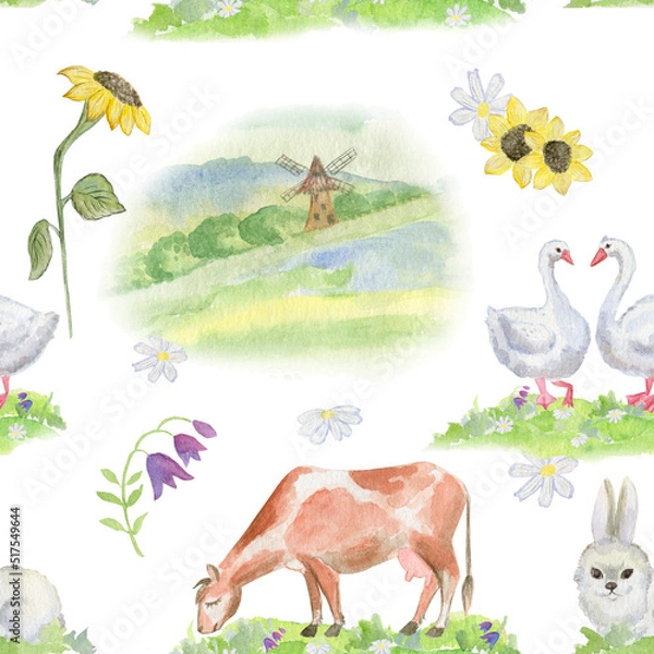 Obraz Rural landscape with  cow, geese, bunny. Watercolor illustration. Semless pattern.