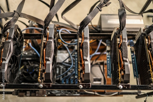 Fototapeta Close up of computer graphics in cryptocurrency mining rig