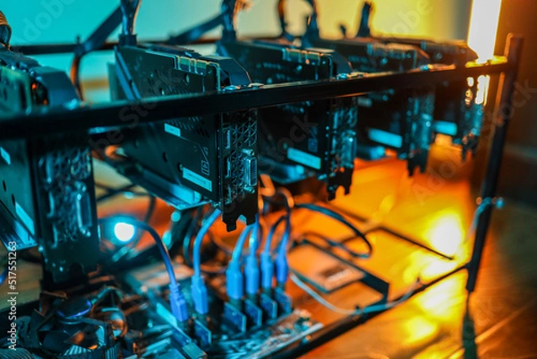 Fototapeta Cryptocurrency mining rig with computer graphics