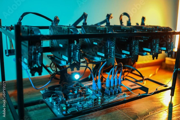 Fototapeta Cryptocurrency mining rig with computer graphics