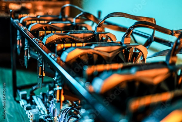 Fototapeta Close up view of computer graphics in cryptocurrency mining rig