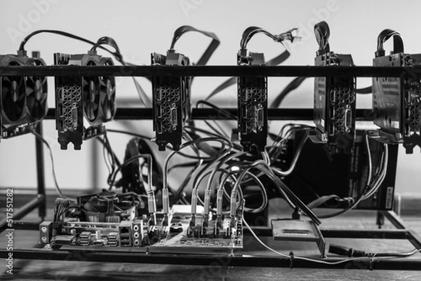 Fototapeta Computer graphics on cryptocurrency mining rig