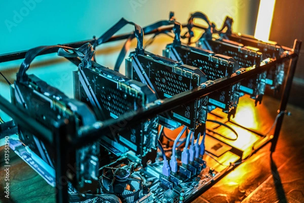Fototapeta Close up view of computer graphics in cryptocurrency mining rig