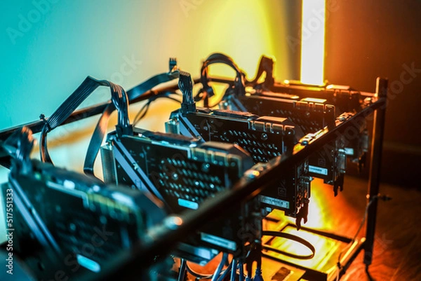 Fototapeta Close up of cryptocurrency mining rig and computer graphics