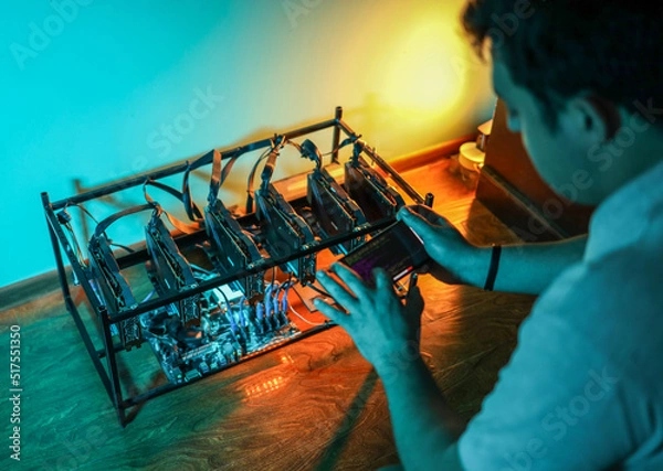 Fototapeta Male programmer adjusting cryptocurrency mining rig to optimal settings with mobile phone