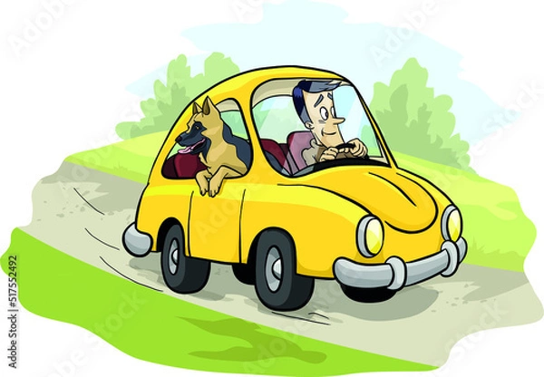 Fototapeta German, Belgian, shepherd  in the car. A trip on a family vacation, vector, illustration, 