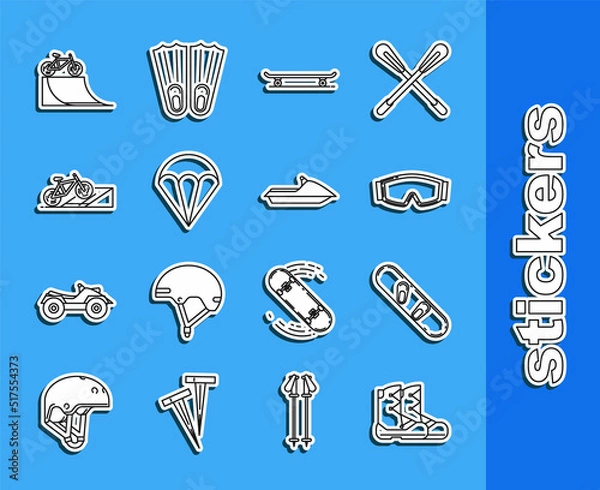 Fototapeta Set line Boots, Snowboard, Ski goggles, Skateboard, Parachute, Bicycle on street ramp, and Jet ski icon. Vector
