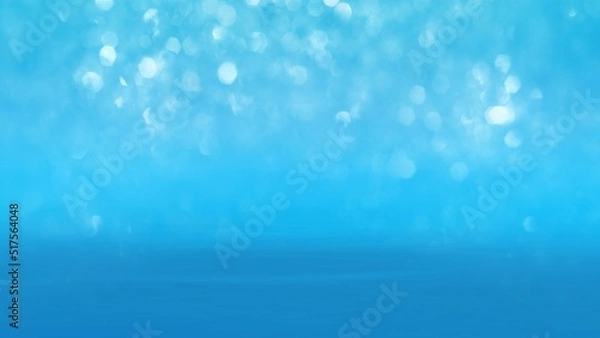 Fototapeta Abstract blue and white water bokeh glitter ocean background. Concept 3D illustration beauty care and cleaning product packshot. Showcase template backdrop for hydrogen and refreshing nature cosmetics
