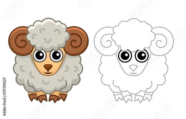 Fototapeta Farm animal for children coloring book. Vector illustration of funny ram, sheep in a cartoon style. Trace the dots and color the picture