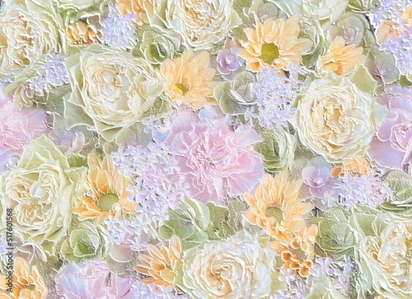 Obraz Cloisonne-like floral reliefs (roses, carnations, hydrangeas). 3D illustration. 3D render