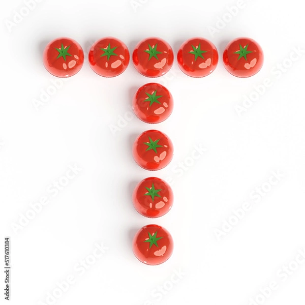 Fototapeta Capital letter T from pomodoro kitchen timer. Font from shiny red plastic tomato timers. White background. Bright font for menu or food blog. 3d illustration. Lettering design element. Initial cap