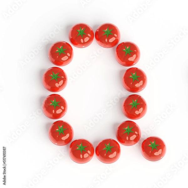 Fototapeta Capital letter Q from pomodoro kitchen timer. Font from shiny red plastic tomato timers. White background. Bright font for menu or food blog. 3d illustration. Lettering design element. Initial cap