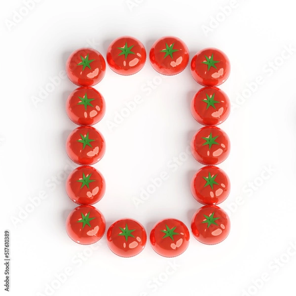 Fototapeta Capital letter O from pomodoro kitchen timer. Font from shiny red plastic tomato timers. White background. Bright font for menu or food blog. 3d illustration. Lettering design element. Initial cap