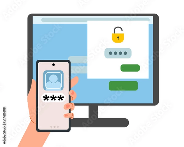 Fototapeta The security concept of two-factor authentication. Notification of login confirmation with a message to the phone. Smartphone in hand. Lock icons in the account on the computer monitor screen.