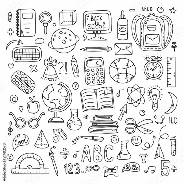 Fototapeta School and education doodles hand drawn vector symbols and objects. Illustration in black and white for your design