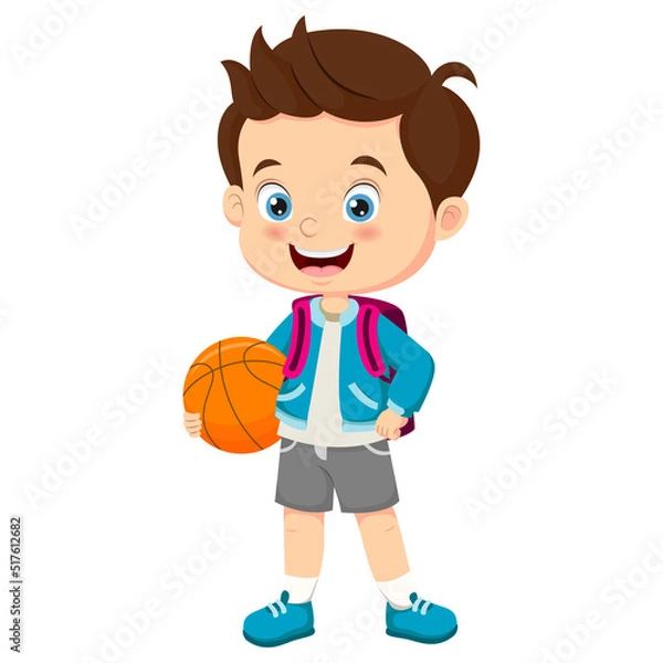 Obraz Cartoon little school boy holding a basketball