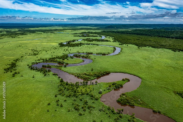 Obraz 北海道夏の釧路湿原、釧路川ドローン空撮