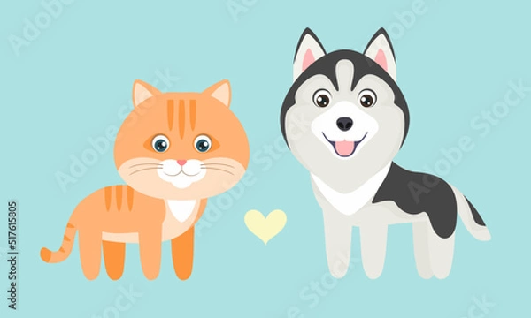 Fototapeta Cute ginger cat and dog with heart. Pet in simple flat style. Children's background. Cartoon flat illustration. Vector illustration of funny animals.	