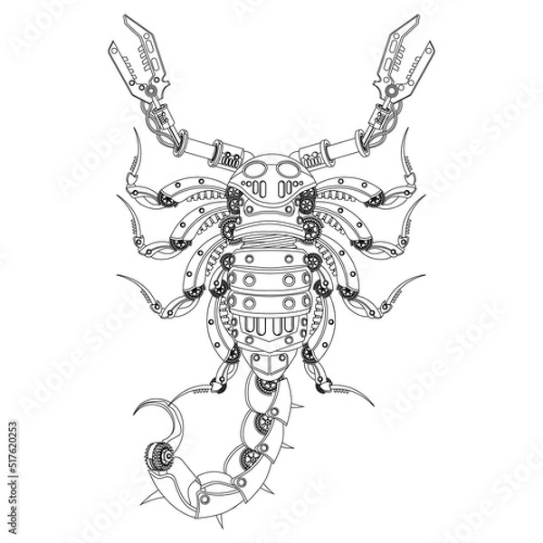 Fototapeta Mechanical scorpion in metal steampunk style coloring book. Vector illustration.
