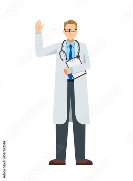 Fototapeta simple illustration of a Caucasian male doctor in a lab coat. A pose to greet with a file. 8heads tall.