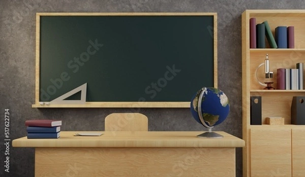 Fototapeta Class room with black chalkboard on the wall.3D rendering