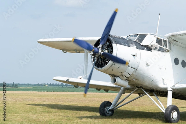 Fototapeta An An-2 airplane starts its engine on the grass airfield. The propeller starts rotating. Front view.
