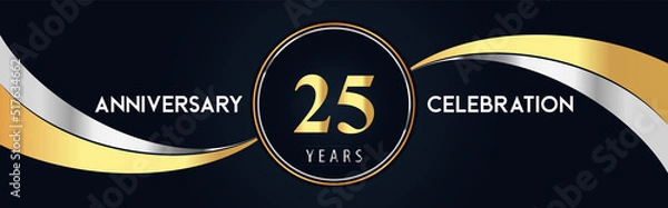 Fototapeta 25 years anniversary celebration logo design with gold and silver creative shape on black pearl background. Premium design for poster, banner, weddings, birthday party, celebration event.
