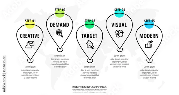 Fototapeta Hand-drawn vector infographic. Template with point map, icons. Use for your design, presentation, diagram. Thin line illustration with 5 steps