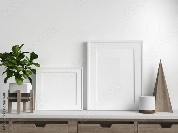 Fototapeta Mockup 2 picture frames, plant and decoration on a white sideboard, 3d rendering, 3d illustration