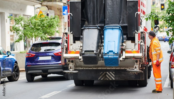 Fototapeta garbage and waste removal services. Worker loading waste bin into truck at city