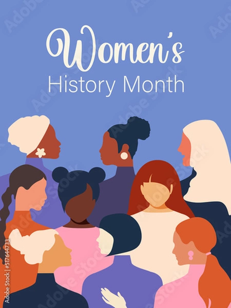 Fototapeta Women's History Month. Women of different ages, nationalities and religions come together. Blue vertical poster. 