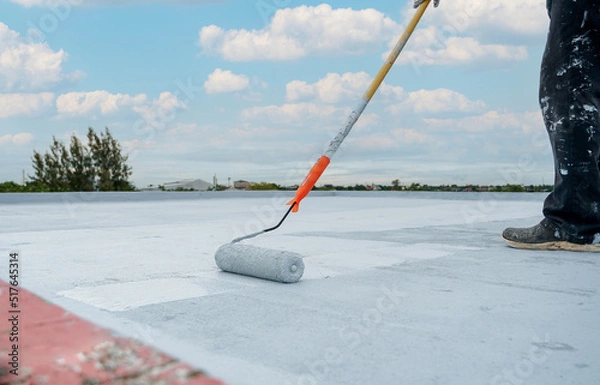 Obraz Hand painted gray flooring with paint rollers for waterproof, reinforcing net,Repairing waterproofing deck flooring.