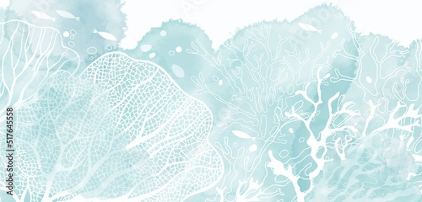 Fototapeta Art sea background vector. Luxury design with underwater plants and  watercolor splash. Template design for text, packaging and prints.