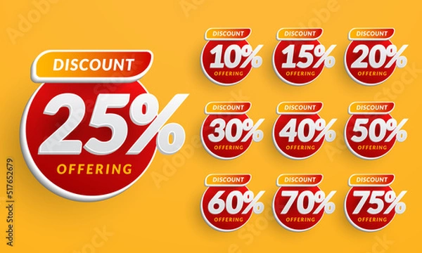 Fototapeta Red round glossy sale tags with different discount sets. 10, 15, 20, 30, 40, 50, 60, 70, and 75 percent. Vector illustration of a badge sticker label. Isolated on a yellow background