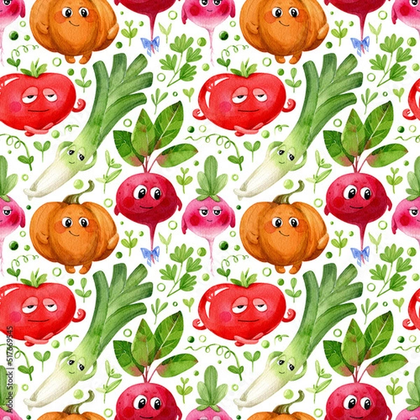 Fototapeta Watercolor seamless pattern. Cute cartoon vegetables characters and floral elements. Tomato, radish, pumpkin, beetroot and lettuce, isolated on a white background.