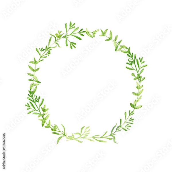 Fototapeta  Garden greenery round frame hand drawn in watercolor. Watercolor illustration of a green floral wreath. Template for invitation and greeting card
