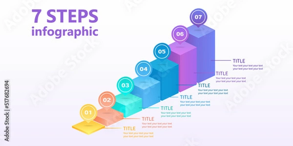 Fototapeta Business infographics in the form of a ladder of seven parallelepipeds. 7-step diagram. 3 D. Vector illustration.