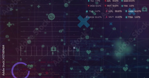 Fototapeta Image of network of connections over financial data processing on black background