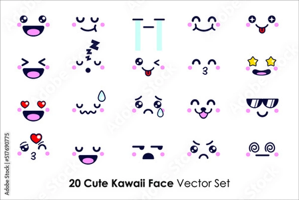 Fototapeta Face Expressions Cute Emoticon Cartoon of Kawaii with Chibi Style Vector Set