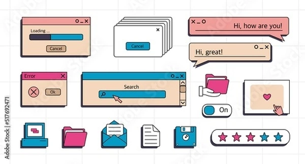 Fototapeta A set of user interface elements, UI and UX themes. In the vaporwave style of the 80-90s, retro collage. Vector illustration of windows and icons .
