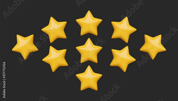 Fototapeta Glossy yellow rating stars on black background. Vector rank grade design.