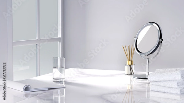 Obraz Desktop makeup cosmetic mirror, White Towel, Diffuser Aroma Stick Fragrance on marble counter table near window light bathroom background.3d illustration.